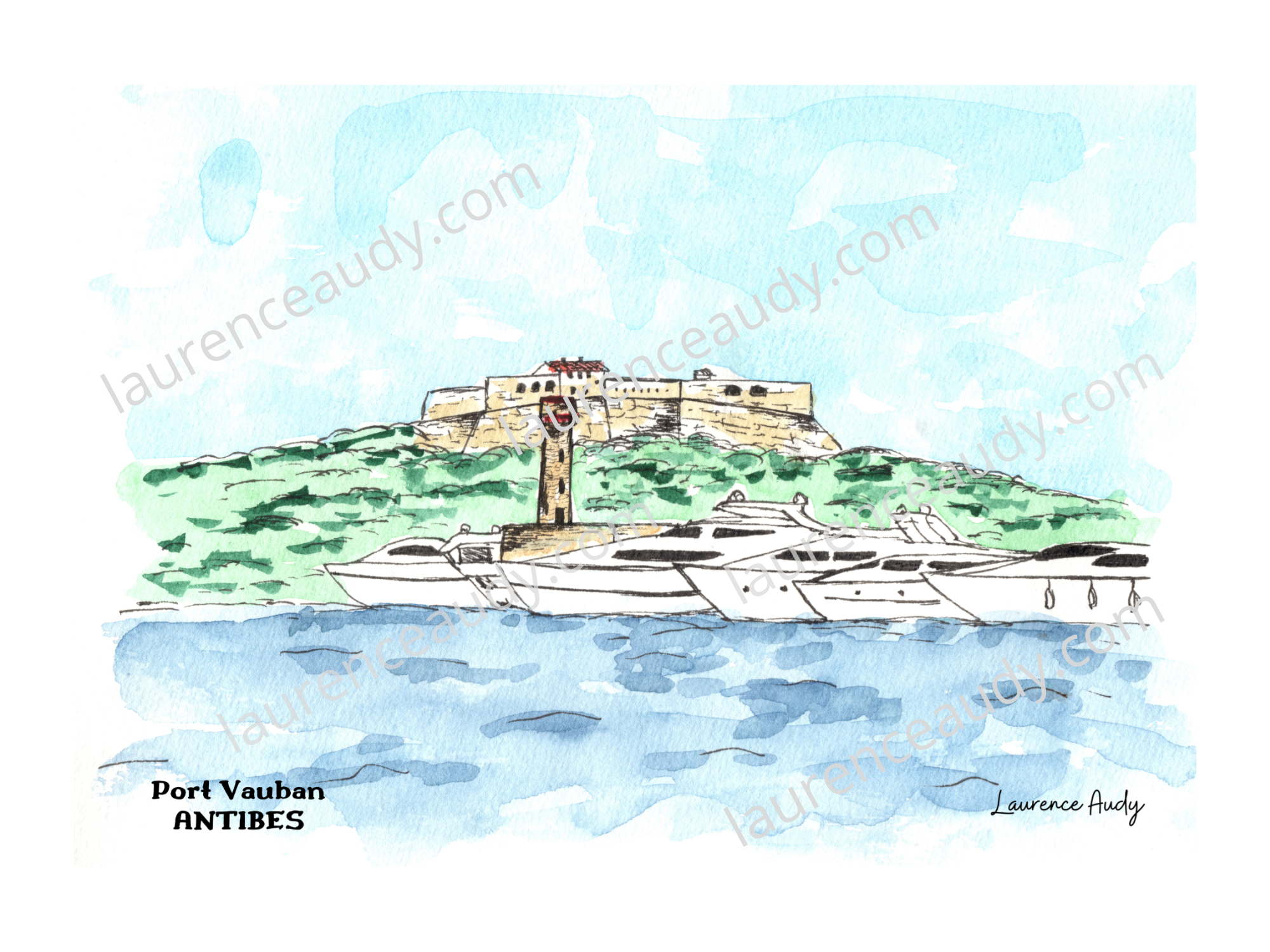 06-ANTIBES-PORT VAUBAN-AQUARELLE FILIGRANE