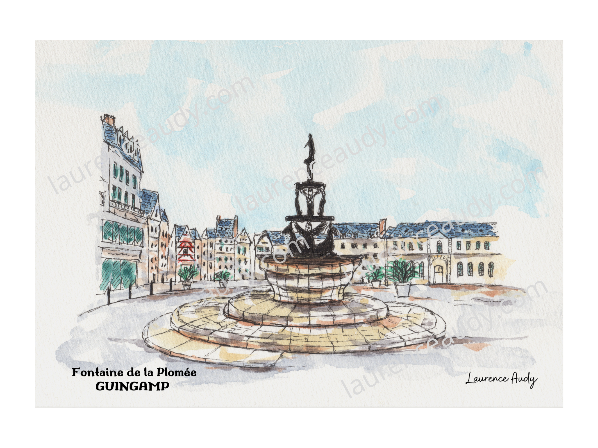 22-GUINGAMP-FONTAINE PLOMEE-AQUARELLE FILIGRANE