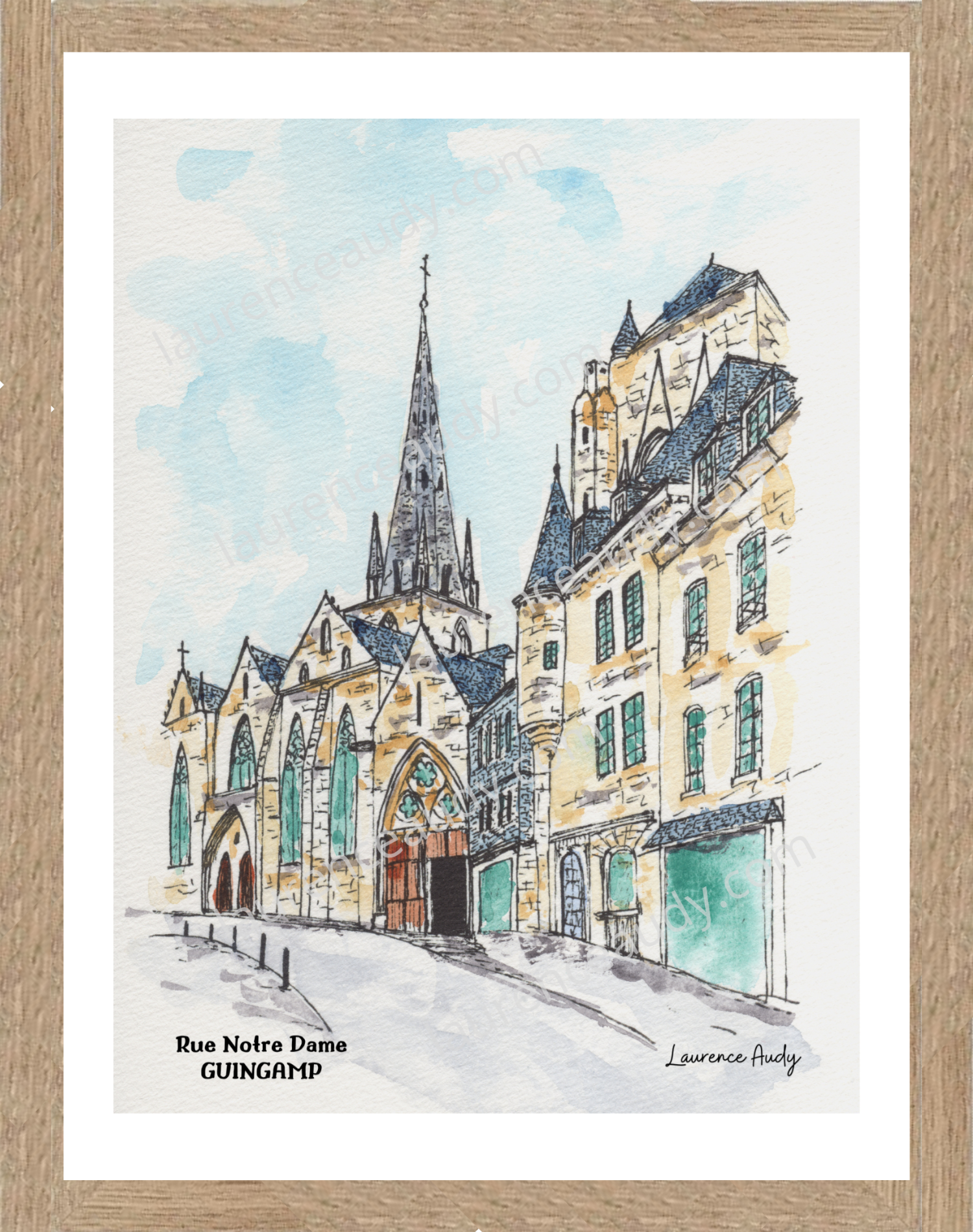 22-GUINGAMP-RUE NOTRE DAME-AQUARELLE FILIGRANE CADRE CHENE