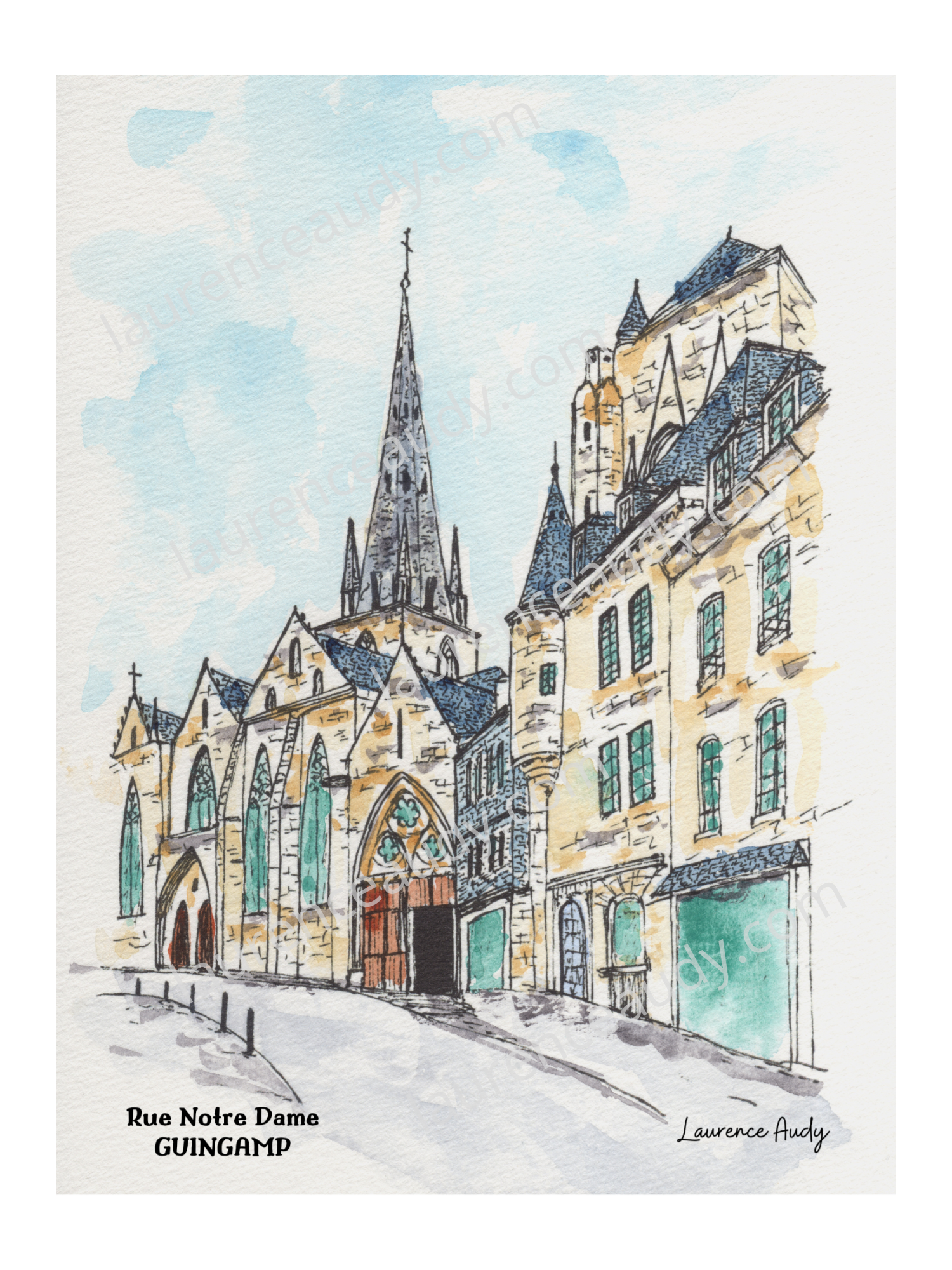 22-GUINGAMP-RUE NOTRE DAME-AQUARELLE FILIGRANE