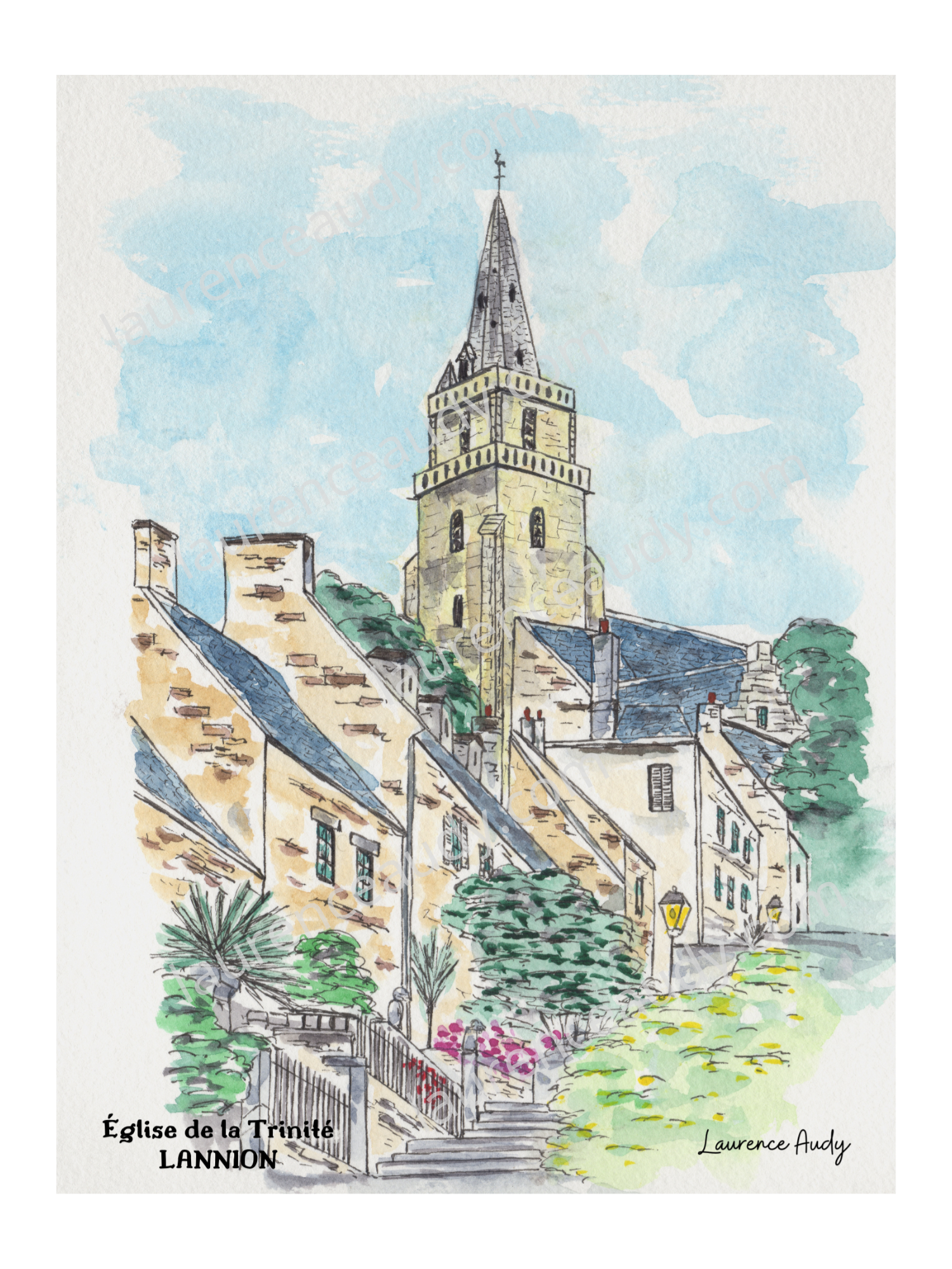 22-LANNION-EGLISE TRINITE-AQUARELLE FILIGRANE