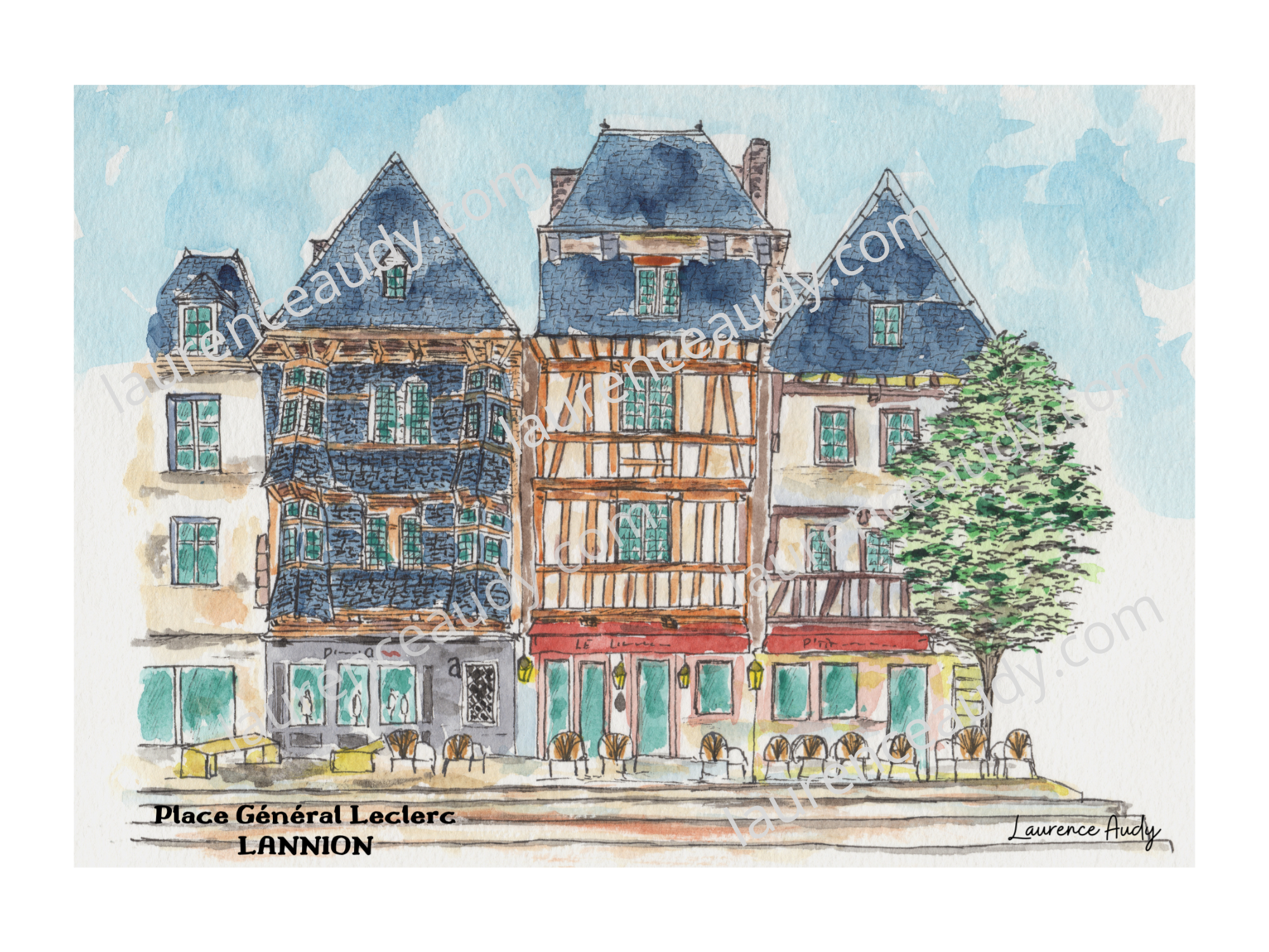 22-LANNION-PLACE LECLERC-AQUARELLE 30X40 FILIGRANE