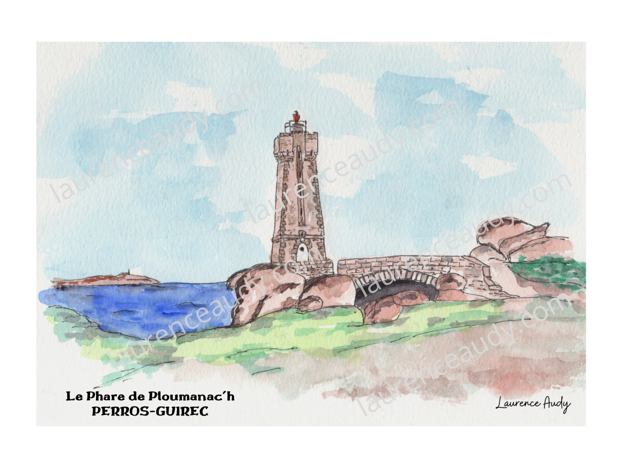 22-PERROS GUIREC-PHARE PLOUMANAC'H-AQUARELLE FILIGRANE