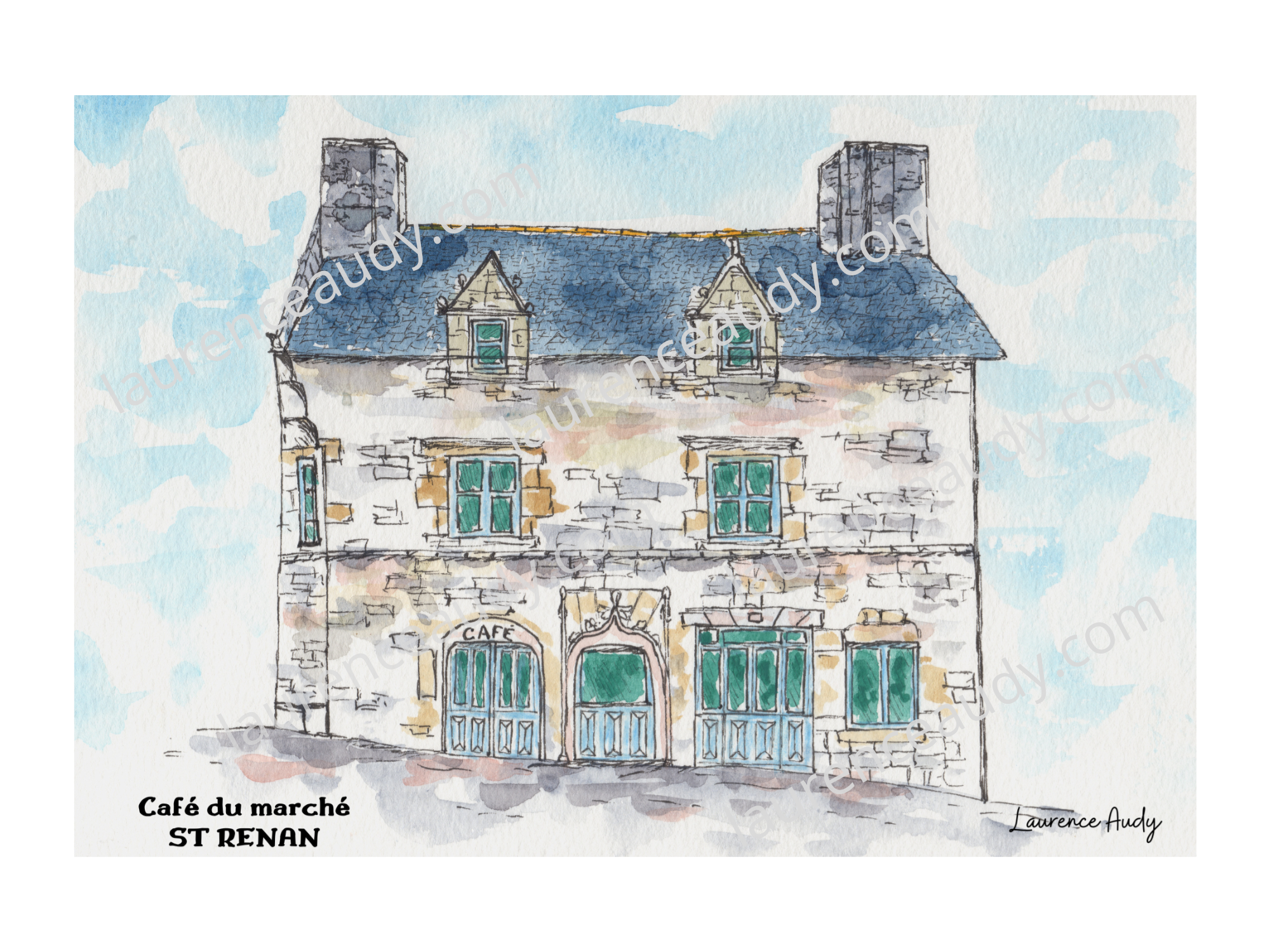29-ST RENAN-CAFE DU MARCHE-AQUARELLE FILIGRANE