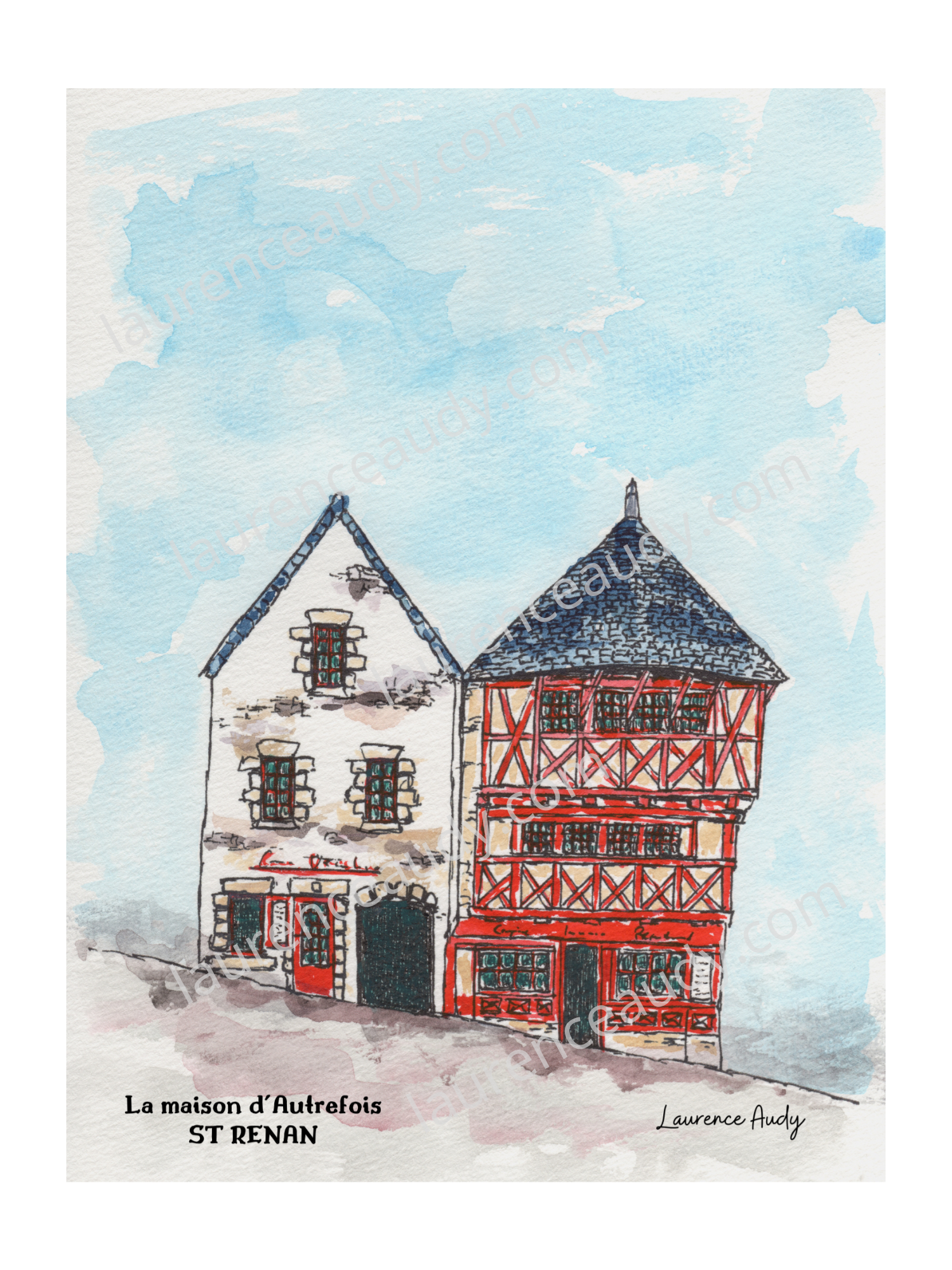 29-ST RENAN-MAISON AUTREFOIS-AQUARELLE FILIGRANE