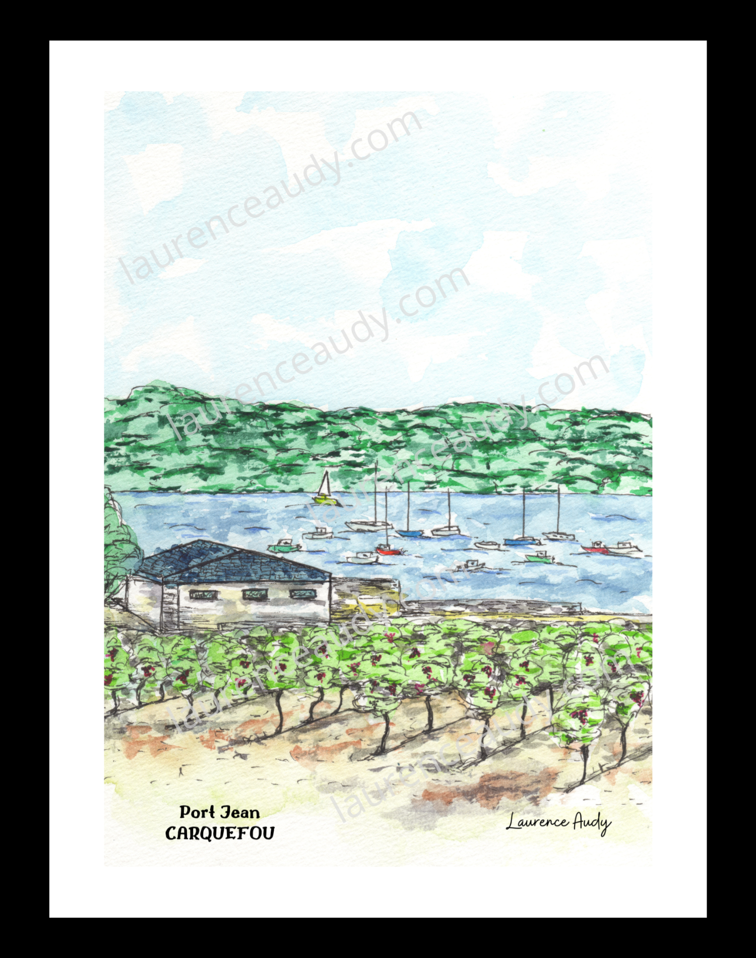 44-CARQUEFOU-PORT JEAN-AQUARELLE FILIGRANE CADRE NOIR