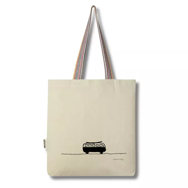 tote bag Van Surf en coton recyclé avec dessin minimaliste de van et planche de surf