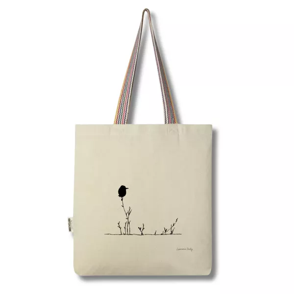 tote bag en coton recyclé avec illustration minimaliste d'un petit oiseau perché sur une branche – Laurence Audy