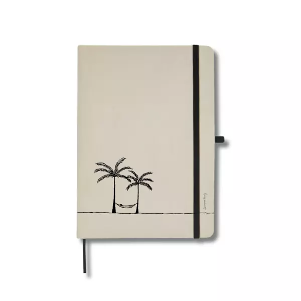 carnet tissu La Plage avec dessin minimaliste de deux palmiers et d'un hamac – Laurence Audy